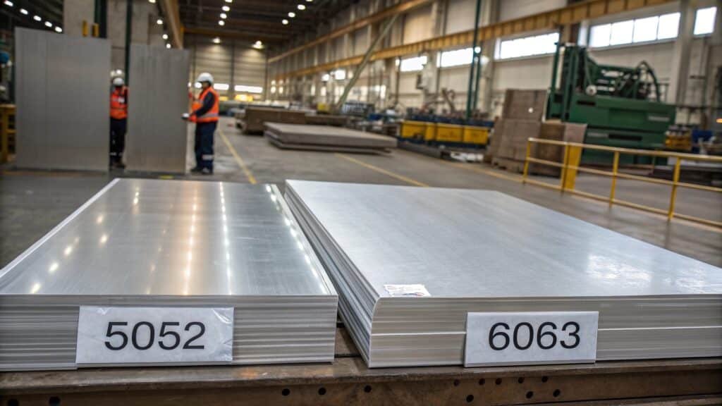 A bent and formed 5052 sheet metal part next to a complex, extruded 6063 aluminum window frame profile.